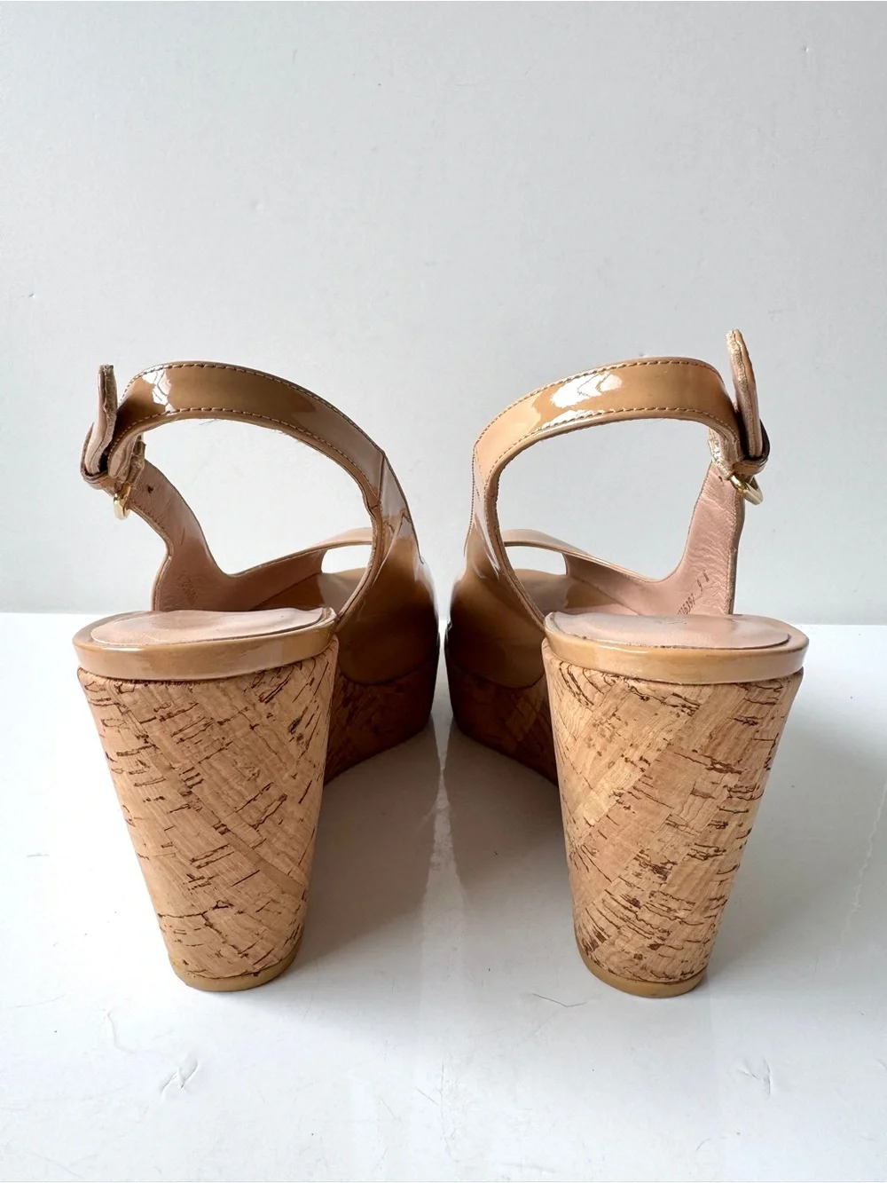 Stuart Weitzman Riviera Nude Patent Slingback Cork Platform Wedge Sandals Size 9